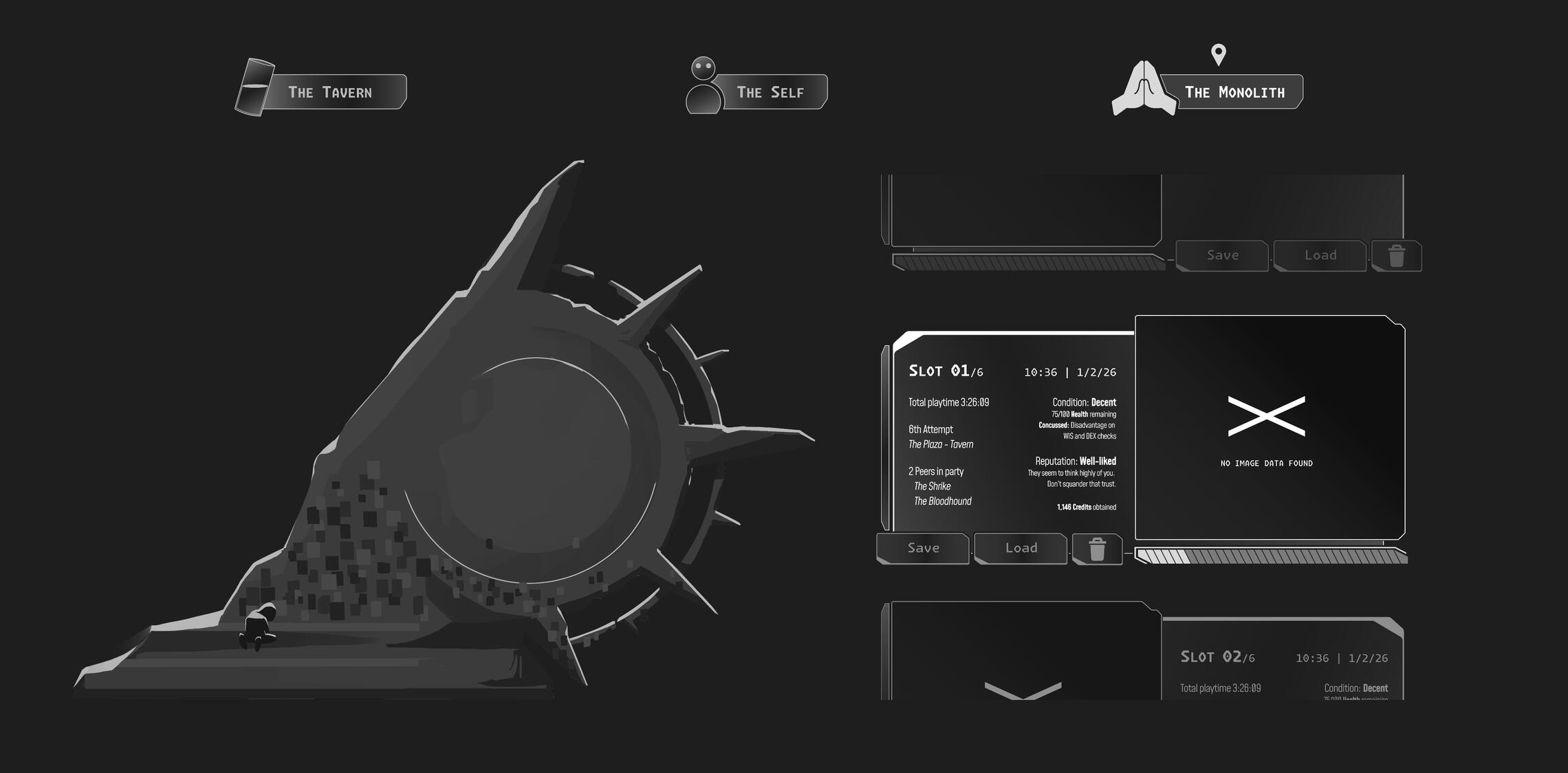 The Monolith, an in-progress Save/Load screen.